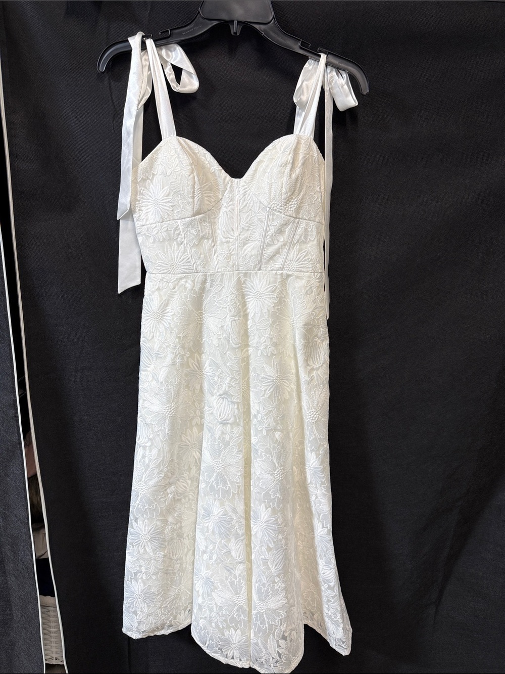Aidan Mattox White Embroidered Midi Dress with Tie Straps